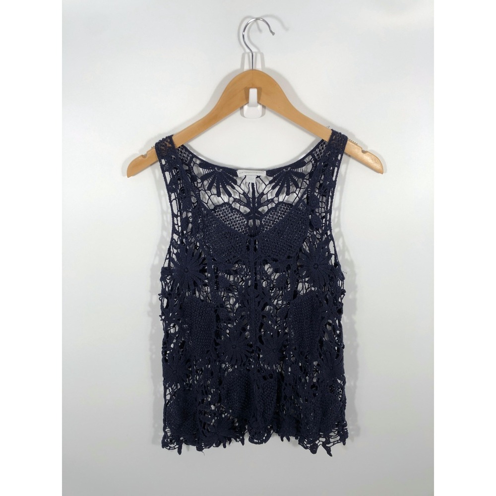 NY & Company Crochet Knit Top Womens XS Blue Boho Chic Layering Western Rodeo